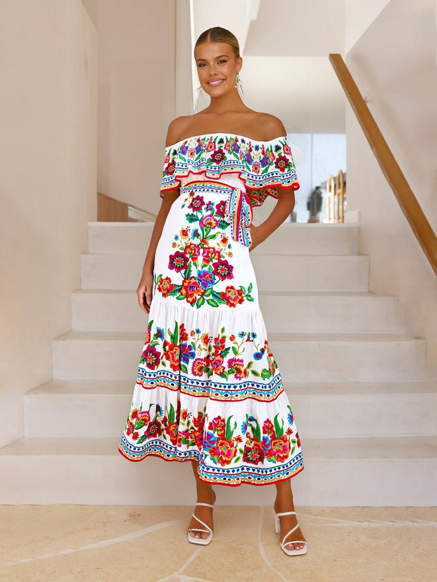 Dress for Women – Off-Shoulder Maxi – Floral Print – Ruffled Bodice – Tiered Skirt