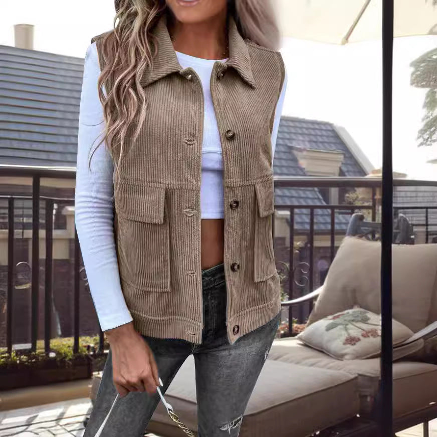 Women's Vest without Sleeves – Corduroy – Relaxed Fit – Button Opening – Pockets