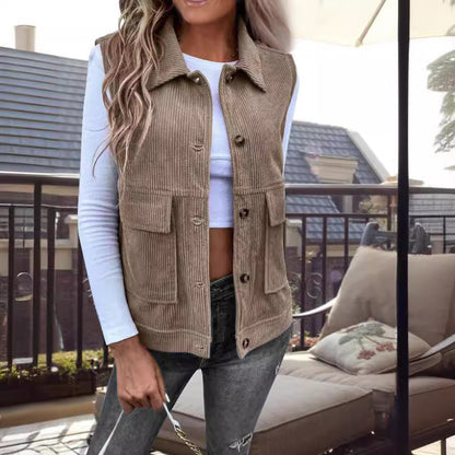 Women's Vest without Sleeves – Corduroy – Relaxed Fit – Button Opening – Pockets