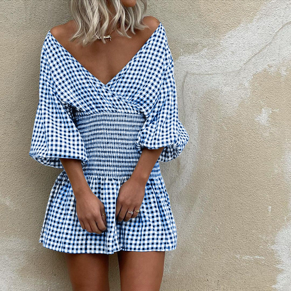 Women's Mini Dress – Cotton Blend – V-Neck – Puff Sleeves – Elastic Waist – Checkered Pattern