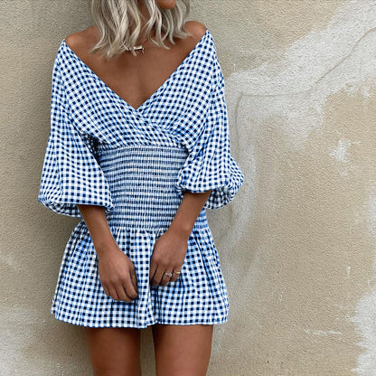 Women's Mini Dress – Cotton Blend – V-Neck – Puff Sleeves – Elastic Waist – Checkered Pattern