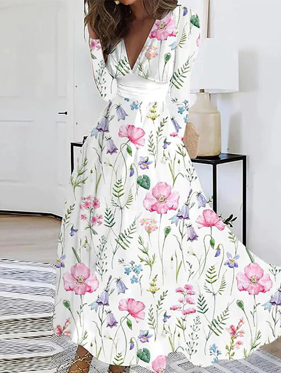 Dress for Women – Maxi Dress – Floral Print – V-Neck – Long Sleeves – Bohemian Style
