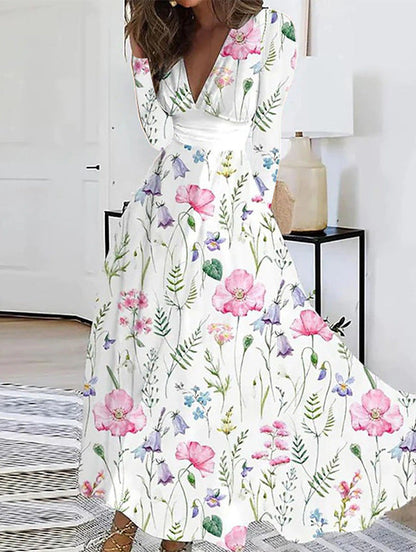 Dress for Women – Maxi Dress – Floral Print – V-Neck – Long Sleeves – Bohemian Style