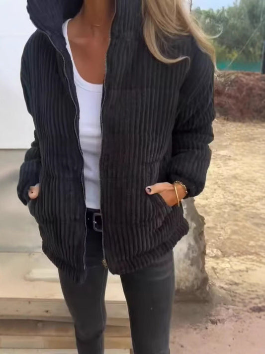 Women's Jacket – Corduroy – Relaxed Fit – Short Length – Stand Collar – Zipper