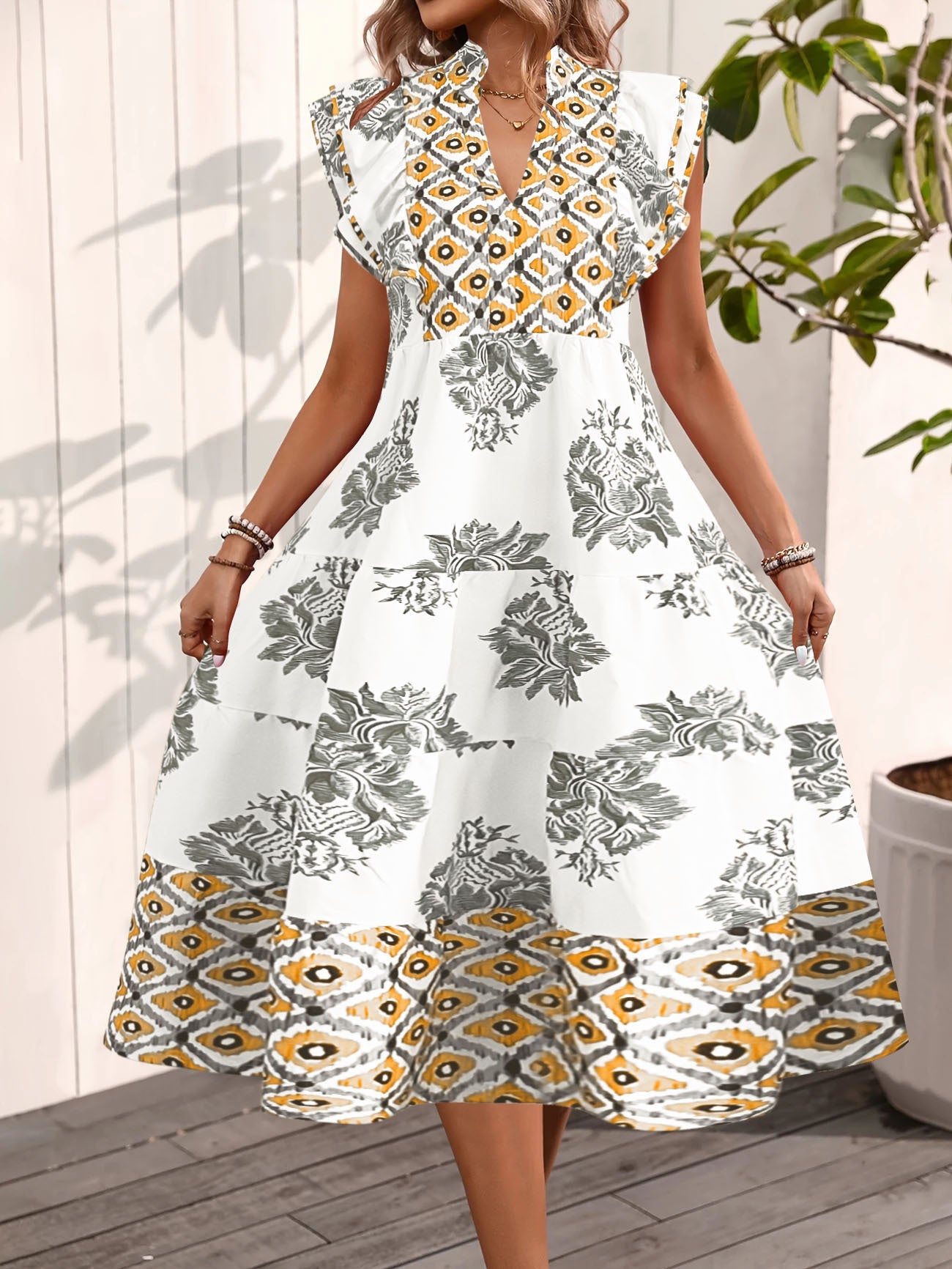 Dress woman – A-line fit – light cotton – stand-up collar – short flutter sleeves – floral pattern