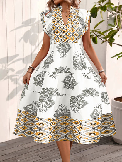 Dress woman – A-line fit – light cotton – stand-up collar – short flutter sleeves – floral pattern