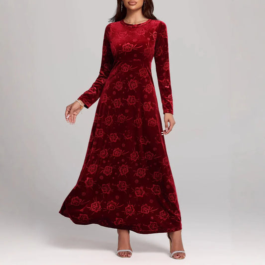 Dress woman maxi – velvet A-line – embossed floral pattern – long sleeves
