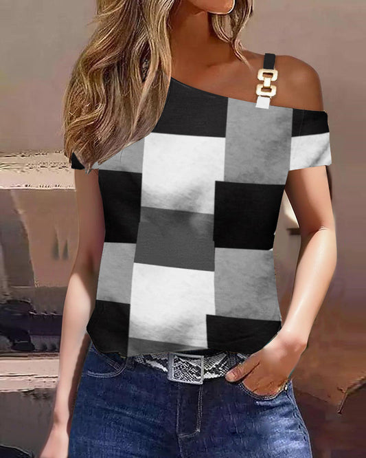 Women's Top with Short Sleeve – Relaxed Fit – One Shoulder – Cotton – Geometric Pattern