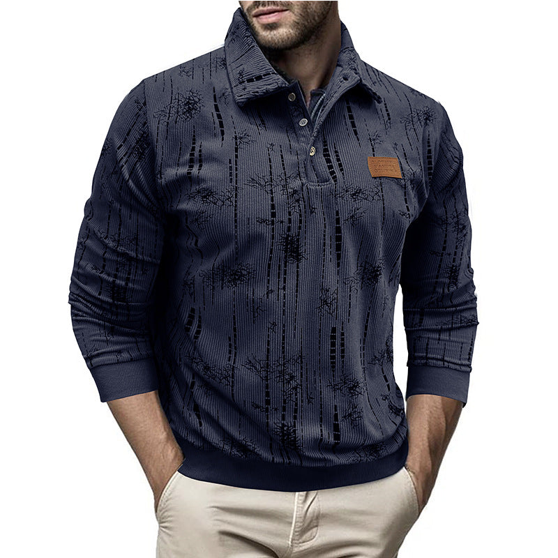 Men's Sweater – Relaxed Fit – Ribbed Knit – Button Collar – Patterned