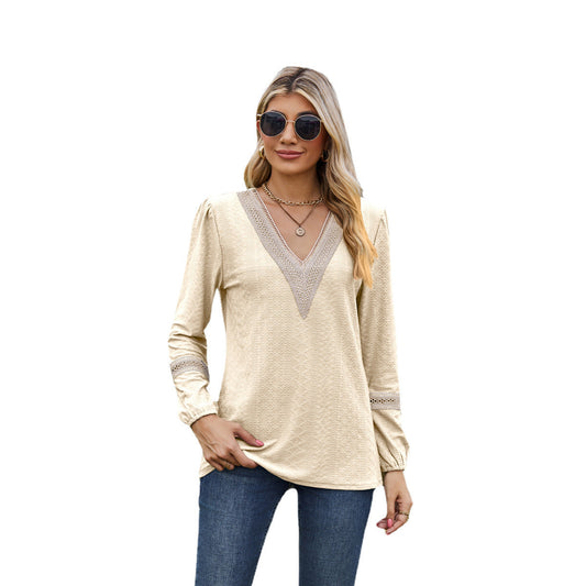 Women's Long-Sleeve T-Shirt – V-Neck – Loose Fit – Lace – Breathable Fabric