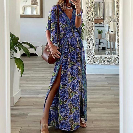 Dress woman – Bohemian pattern – V-neck – Relaxed fit – Short sleeve – Side slit