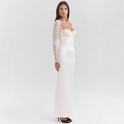 Dress for Women – Satin Bodycon Fit – Lace Sleeves – Heart Neckline