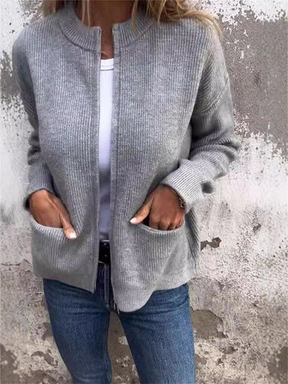 Women's Zipper Jacket – Ribbed Knit – Loose Fit – Stand Collar – Front Pockets