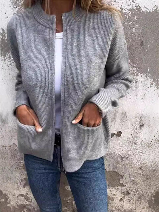 Women's Zipper Jacket – Ribbed Knit – Loose Fit – Stand Collar – Front Pockets