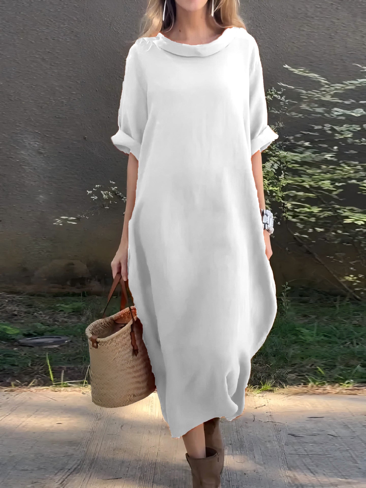 Dress woman – Oversized fit – Cotton blend – Mid-length sleeves – Asymmetric hem