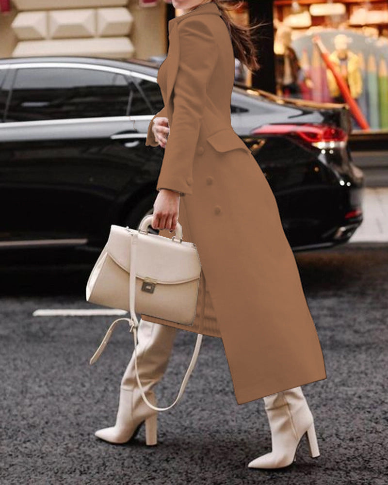 Women's Long Jacket – Tailored Fit – Wool Feel – Elegant Collar – Formal Style