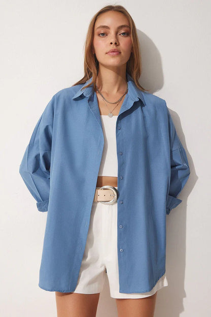 Women's Blouse – Oversized Fit – Long-Sleeved – Cotton Blend – Shirt Collar