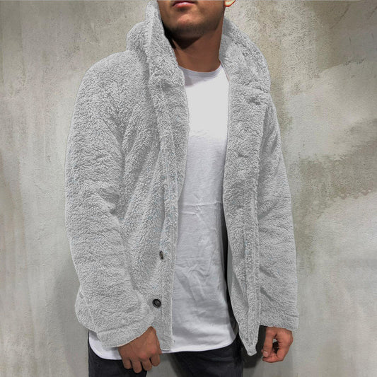 Men's Jacket with Hood – Plush Fleece – Relaxed Fit – Button Front