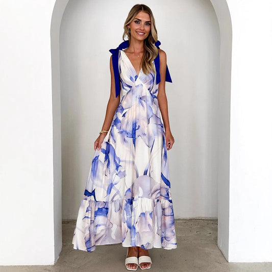 Women's Maxi Dress – Sleeveless V-neck – Tie Straps on Shoulders – Light and Breathable – Patterned Design