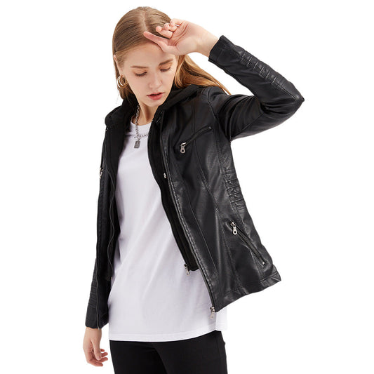 Women's Jacket with Hood – Slim Fit – Faux Leather – Detachable Hood – Zipper Pockets