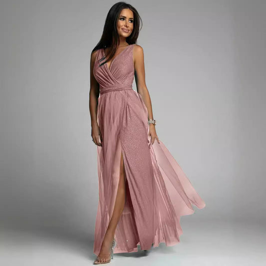 Dress for Women – Evening Dress – Slim Fit – Deep V-Neck – High Slit – Glittering Fabric