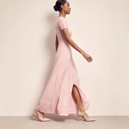 Dress woman maxi – Slim fit – V-neck – Short sleeves – Pleating and slit