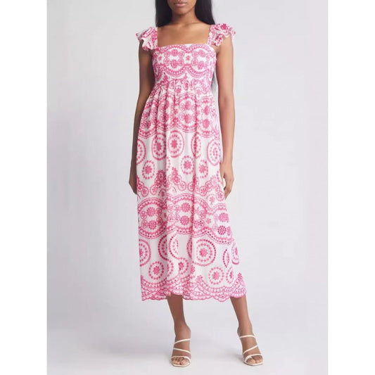 Dress woman midi – cotton – relaxed fit – ruffle sleeves – square neckline