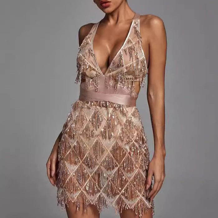 Dress woman – Midi length – Tight fit – Deep V-neck – Sequins and fringes