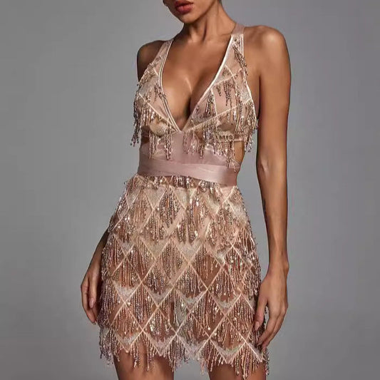 Dress woman – Midi length – Tight fit – Deep V-neck – Sequins and fringes