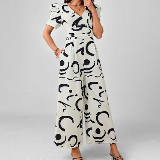 Women's jumpsuit – V-neck – Puff sleeves – Wide leg – Light fabric – Abstract pattern