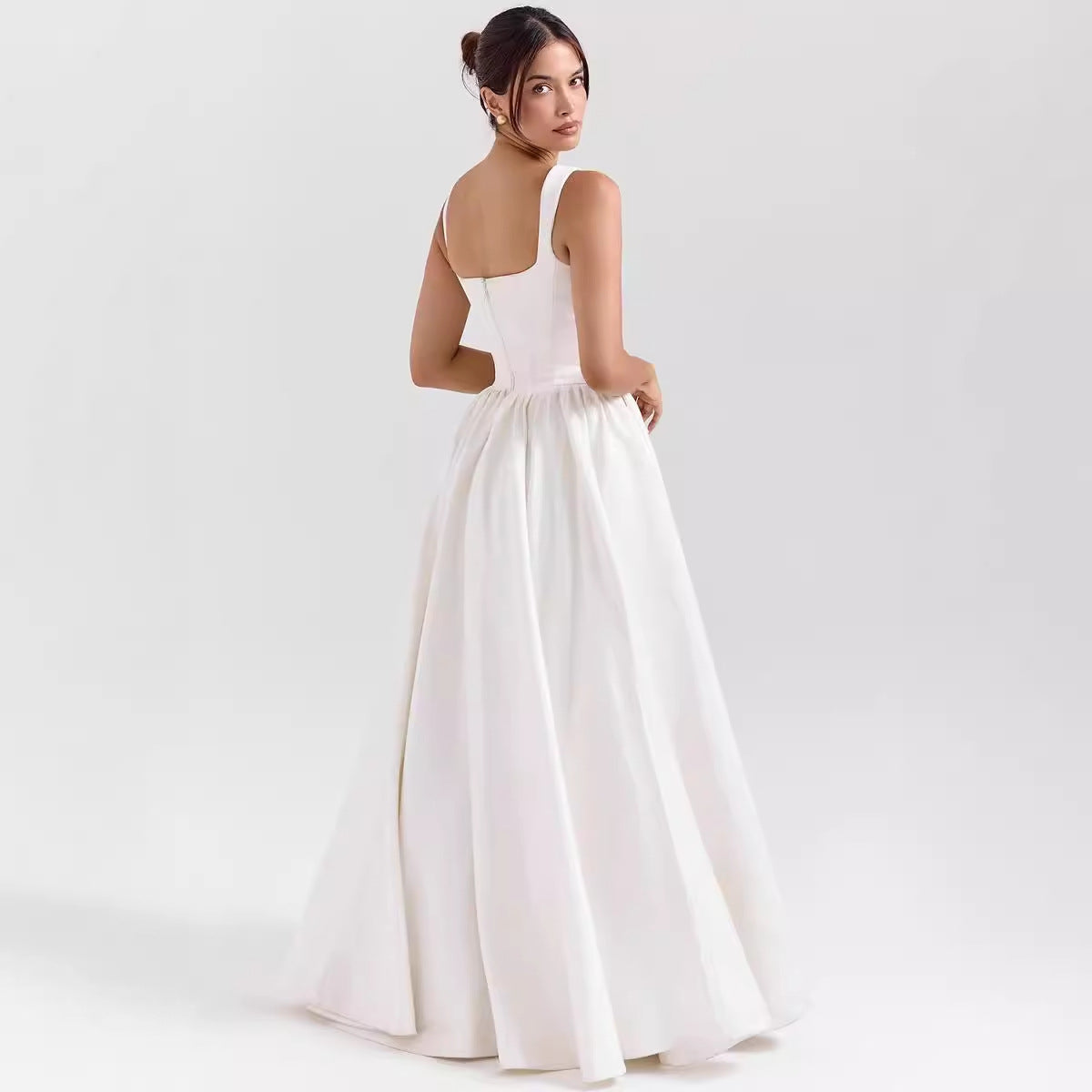 Dress for Women – Maxi Length – Slim Waist – Wide Skirt – Square Neckline – Cotton