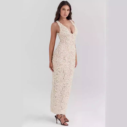 Dress for Women – Slim Fit – 3D Floral Texture – Deep Neckline – Ankle Length