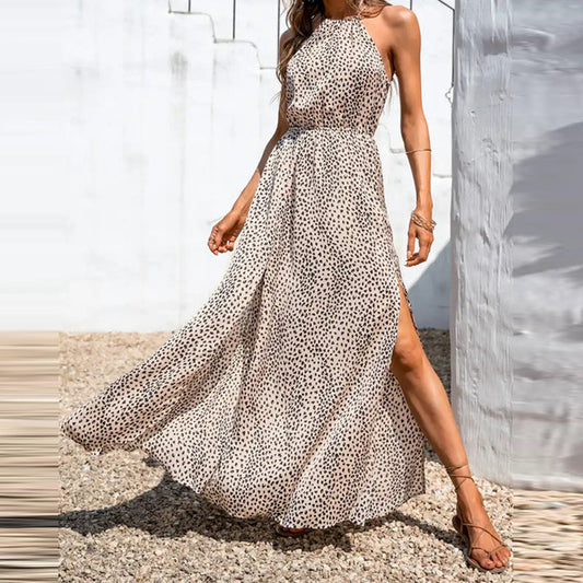 Dress for Women – Halterneck – Sleeveless A-line – Polka Dot – Long with Slit