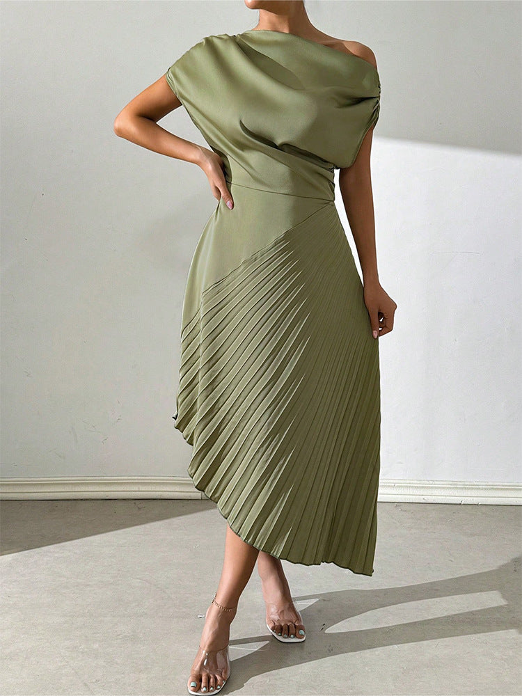Dress for Women – Asymmetric Midi Length – One Shoulder – Pleated and Form-Fitting Design