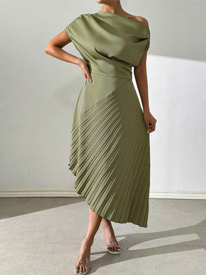 Dress for Women – Asymmetric Midi Length – One Shoulder – Pleated and Form-Fitting Design