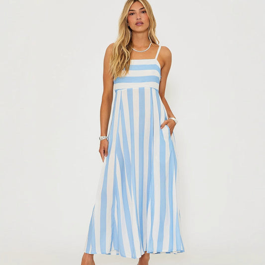 Dress woman – A-line shape – Long – Thin straps – Striped – Cotton