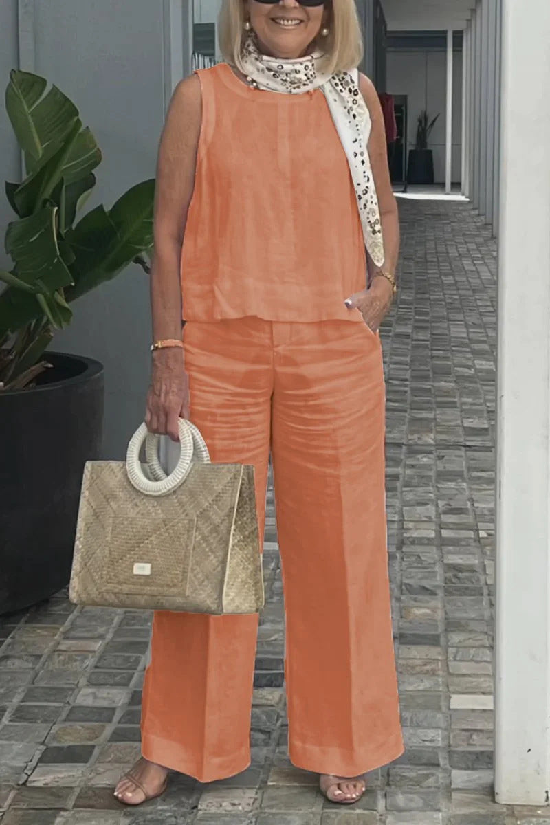 Women's Set Without Sleeves – Linen Cotton – Relaxed Fit – Wide Trousers with Pockets