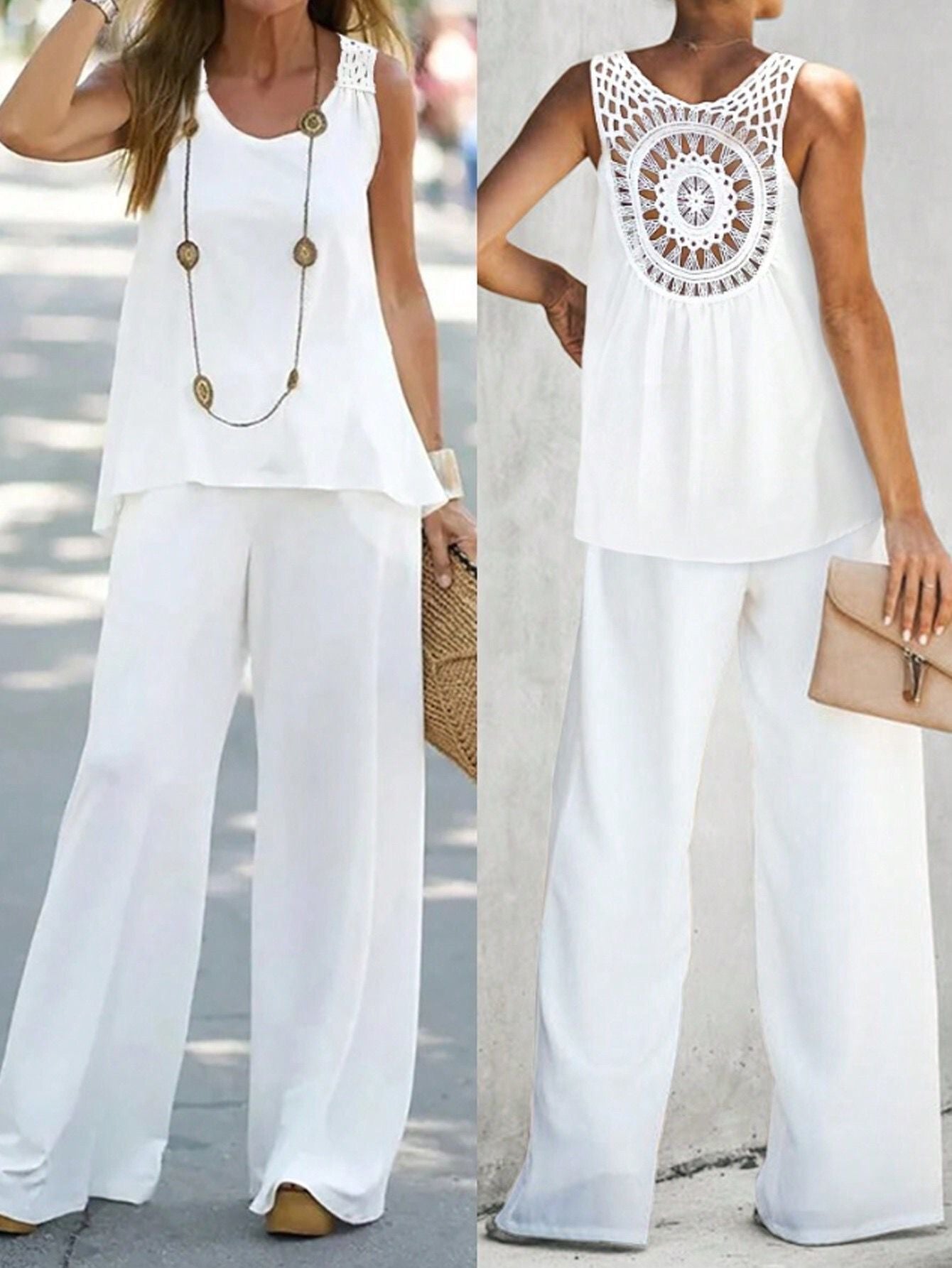 Women's Two-piece Set – Linen Blend – Sleeveless Top with Crochet Details – Wide Pants