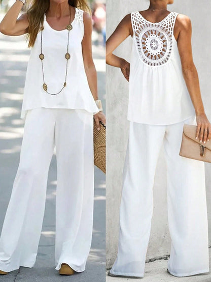 Women's Two-piece Set – Linen Blend – Sleeveless Top with Crochet Details – Wide Pants