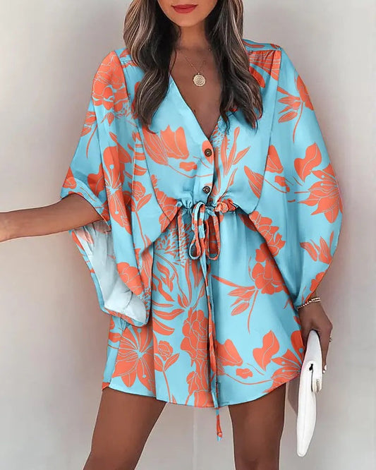Dress woman – Mini dress with loose fit – V-neck – Lace waist – Ruffle sleeves