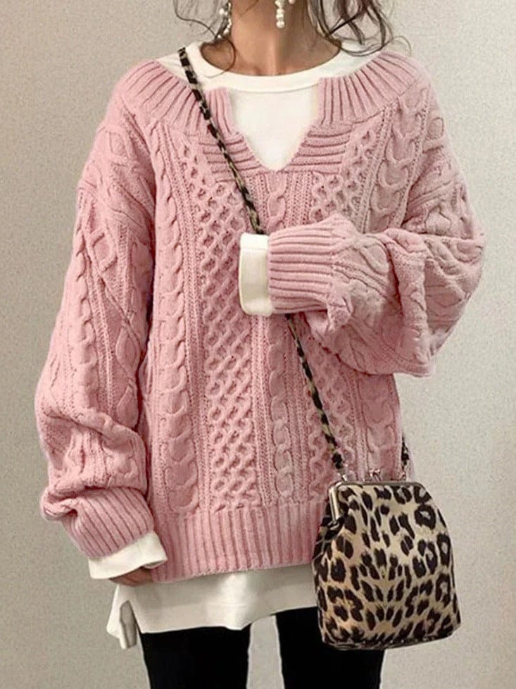 Women's Sweater – Wool Blend – Oversized Fit – Cable Knit – Deep V-neck – Long Sleeved