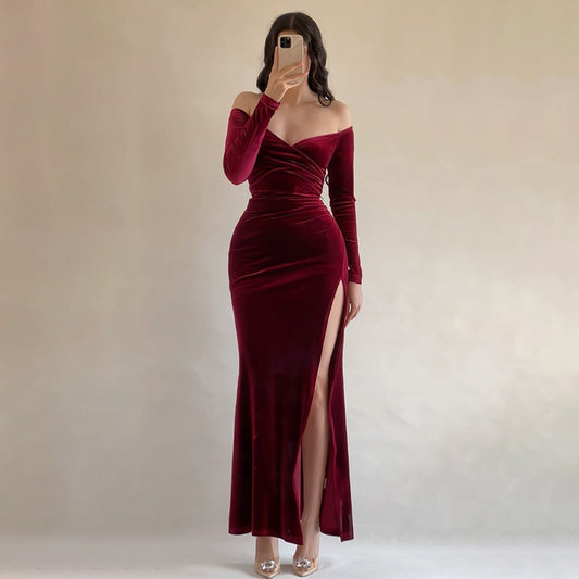 Dress for Women – Long Velvet Dress – Off Shoulder – Cross Detail – High Slit