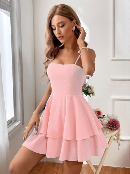 Dress for Women – Fitted Waist – Shoulder Straps – Open Back – Ruffle Skirt – Mini Length