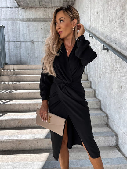 Women's Midi Dress – Draped Wrap Bodice – V-Neckline – Long Sleeves – Front Slit
