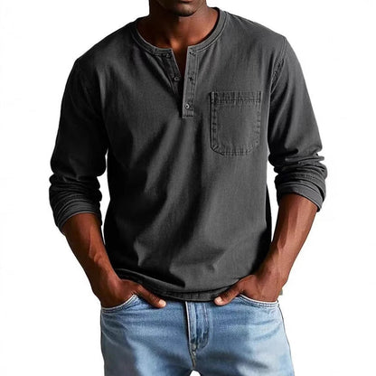Men's Long-Sleeve T-Shirt – Slim Fit – Breathable Fabric – Button Neck and Chest Pocket