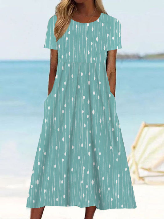 Women's Summer Midi Dress - Short Sleeves, Relaxed Fit - Print, Round Neck