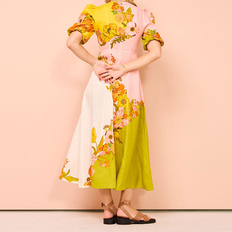Dress for Women – Midi Length – Fitted Waist – Floral Print – Puff Sleeves – Lightweight Fabric