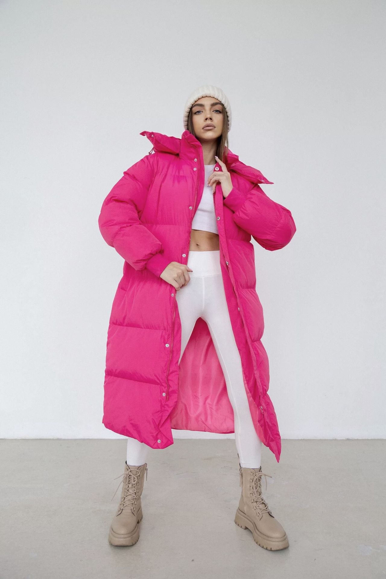 Women’s Puffer Coat - Woven - Oversized Fit - Ankle Length - Hooded Stand Collar