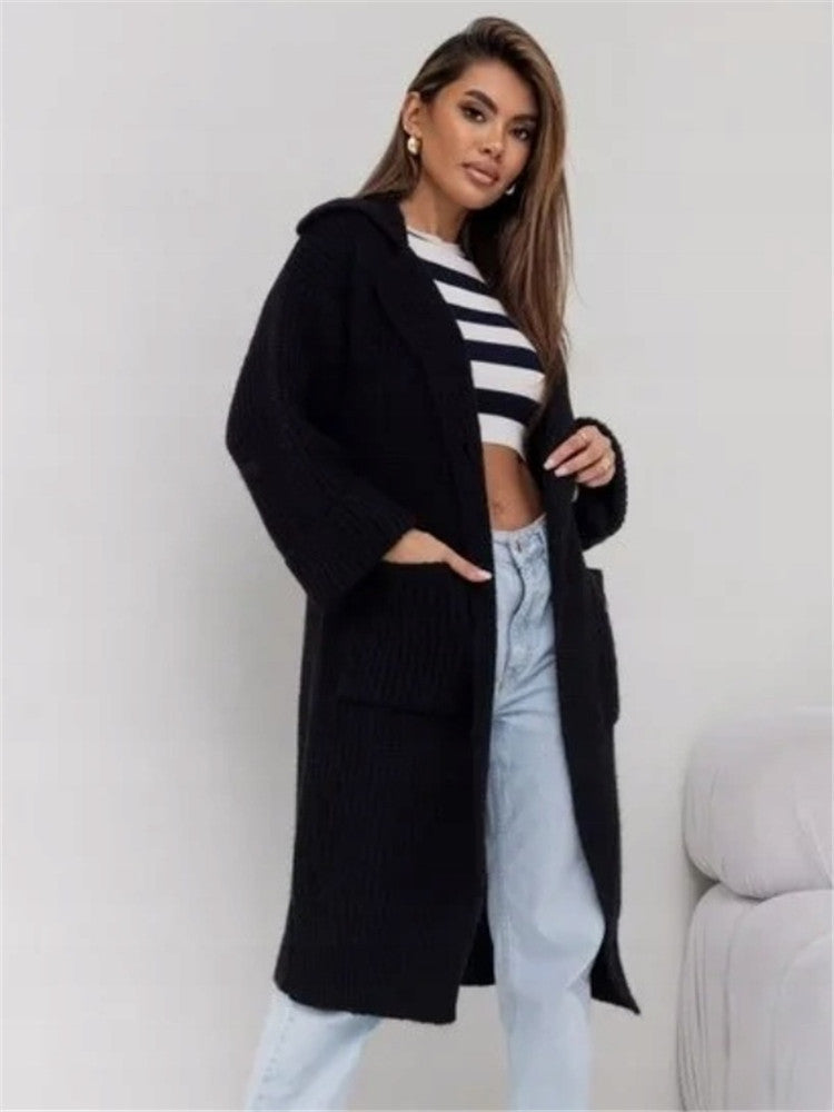Women's Long Knitted Coat – Wool Blend – Oversized Fit – Hood and Pockets