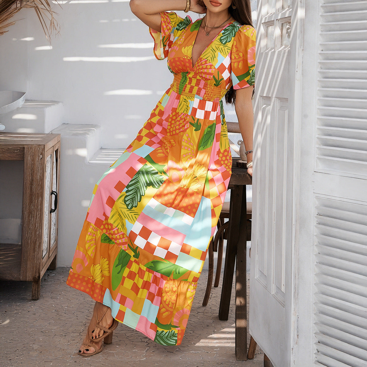 Dress for Women – Maxi Length – Loose Fit – Light Cotton – V-Neck – Short Sleeves